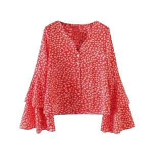 Goodnight Macaroon Bell Sleeve Ruffle Floral Blouse Button Down Top Size Medium